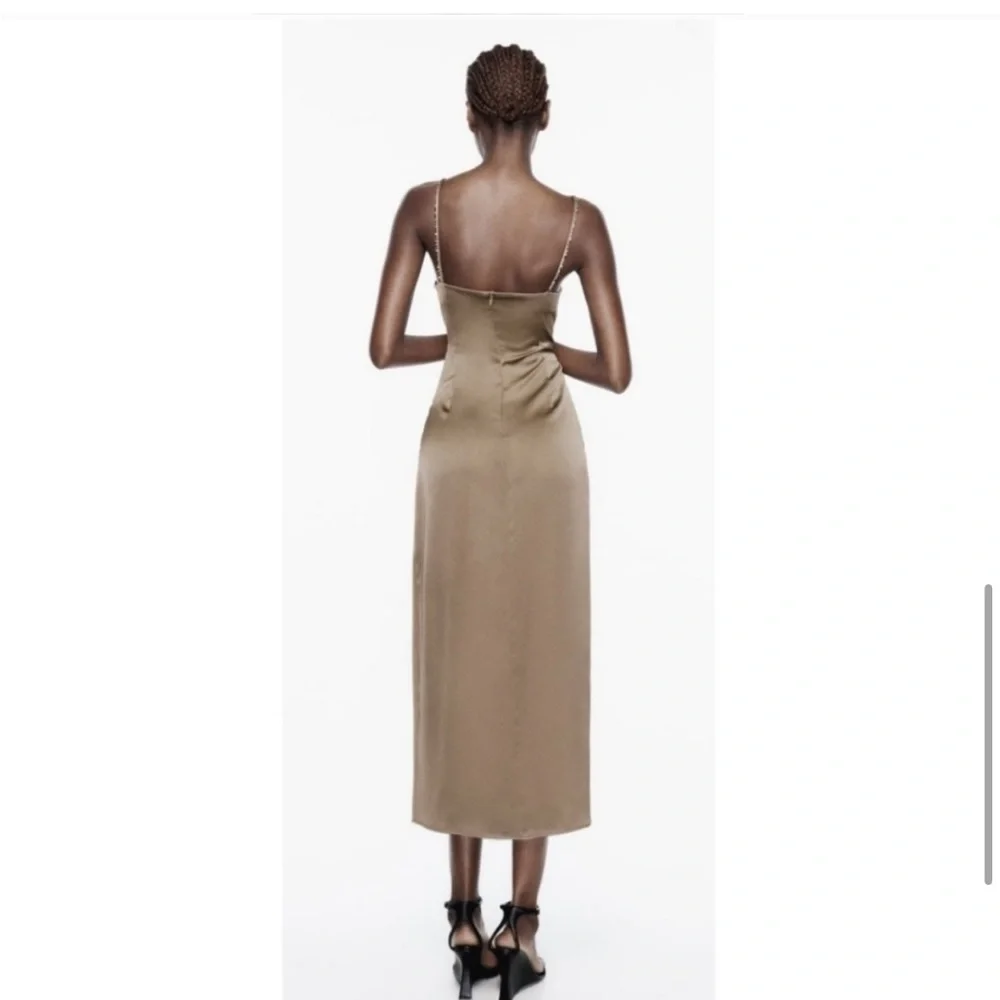 🆕(NWT) ZARA Bloggers Fav Beaded Strap Satin Midi Dress. Size LARGE - Picture 9 of 14